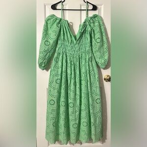 Young Fabulous & Broke Sm Boho Prairie Romantic Green Eyelet Off Shoulder Dress